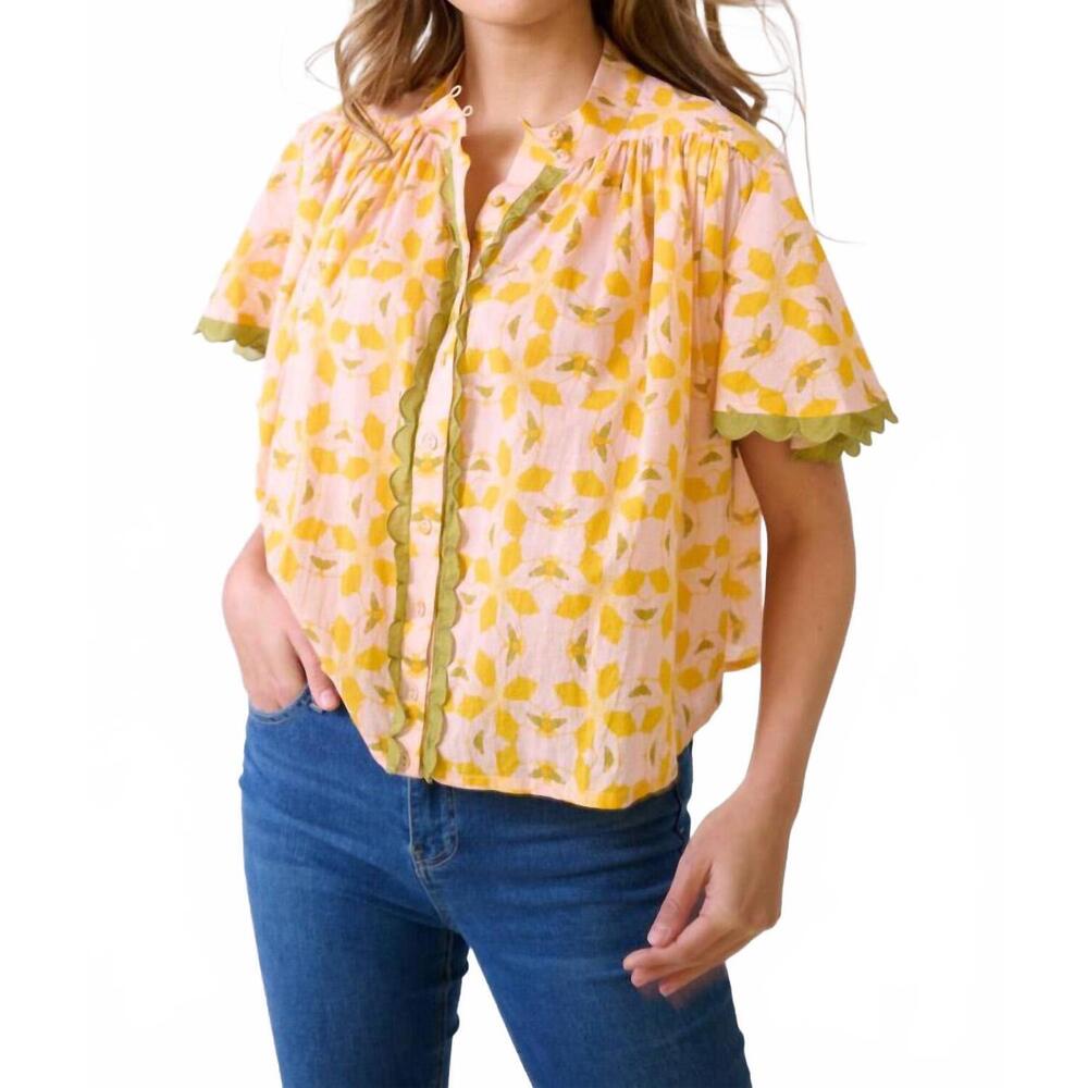 Yellow Floral Short-Sleeve Blouse with Olive Scallop Trim